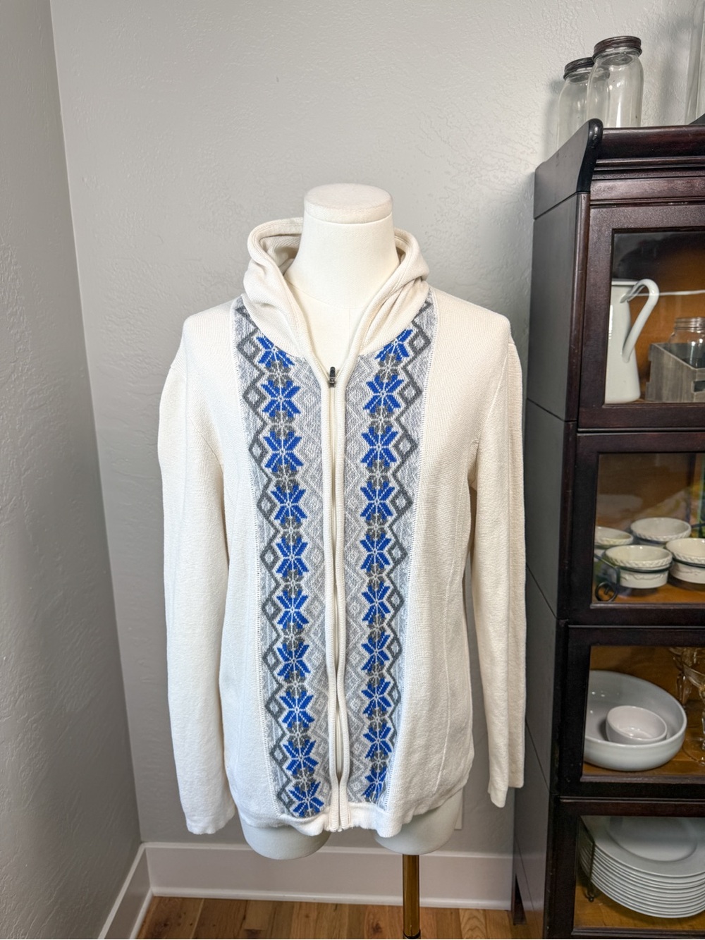 Eddie Bauer Cotton Fair Isle Snowflake Full Zip Hooded Sweater Size M